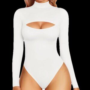 Mangopop White Mock Neck Cutout Front Bodysuit NWT